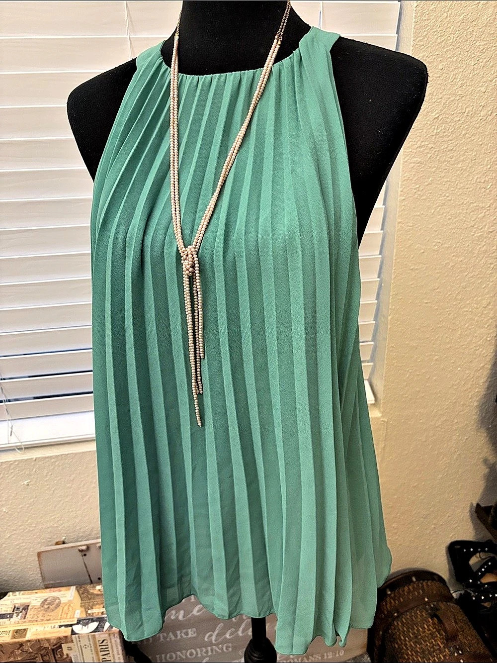 H&M Pleated Halter Neck Top Green Flowy Sleeveless Blouse